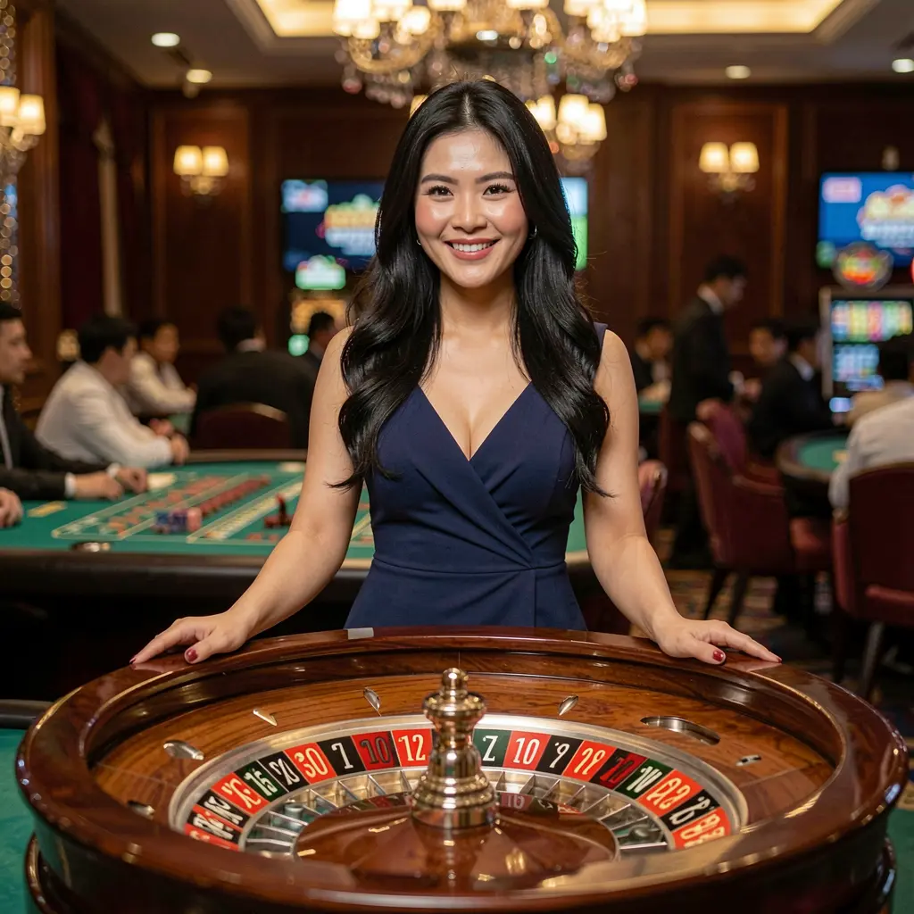 Confident Filipino live casino dealer at a glowing roulette table inside a luxury gaming hall at JILIWIN 1M showcasing immersive online casino entertainment